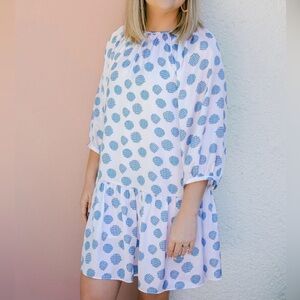 Emily McCarthy Stella Dallas Ballon Sleeves Dress Blue Waffle  Print Size M $228